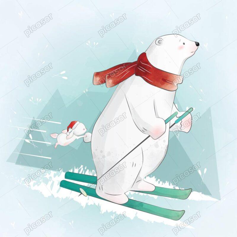 وکتور خرس قطبی در حال اسکی با بچه خرگوش طرح نقاشی کارتونی - وکتور تصویرسازی کودکانه از خرس قطبی و بچه خرگوش