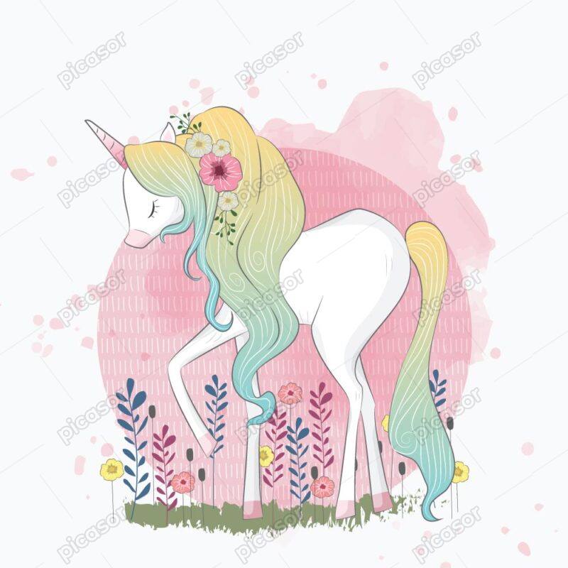 وکتور تکشاخ فانتزی با گل و خورشید - وکتور تصویرسازی کودکانه اسب تکشاخ فانتزی