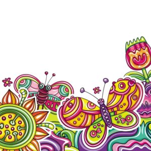 وکتور نقاشی فانتزی گل و پروانه کودکانه - وکتور تصویرسازی کودکانه از باغ گل طرح نقاشی فانتزی