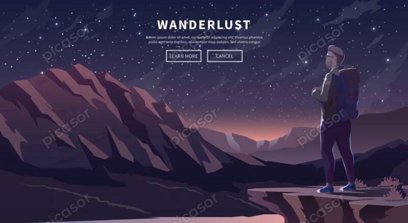 وکتور مرد کوهنورد در شب کوهستان - وکتور پس زمینه کوهنوردی و طبیعتگردی و آسمان شب