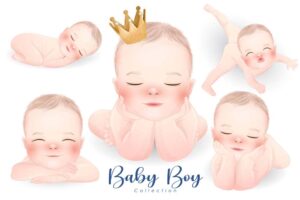 5 وکتور نوزاد پسر در خواب نقاشی - وکتور تصویرسازی کودکانه از نقاشی نوزاد پسر در حالتهای مختلف با چشمهای بسته