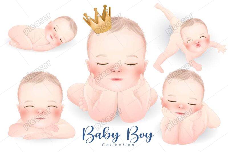 5 وکتور نوزاد پسر در خواب نقاشی - وکتور تصویرسازی کودکانه از نقاشی نوزاد پسر در حالتهای مختلف با چشمهای بسته