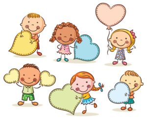 6 وکتور کودکان شاد با بنر قلبی - وکتور نقاشی پسر بچه و دختر بچه کنار هم