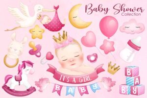 مجموعه وکتور نوزاد دختر و سیسمونی با اسباب بازی و پستانک - وکتور تصویرسازی کودکانه از نوزاد دختر و لک لک