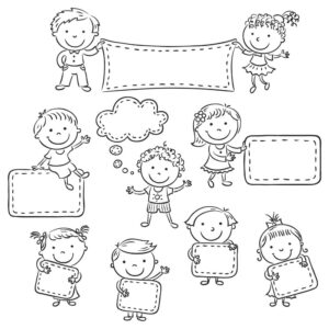 8 وکتور کودکان شاد با بنر - وکتور نقاشی خطی از پسر بچه و دختر بچه کنار هم