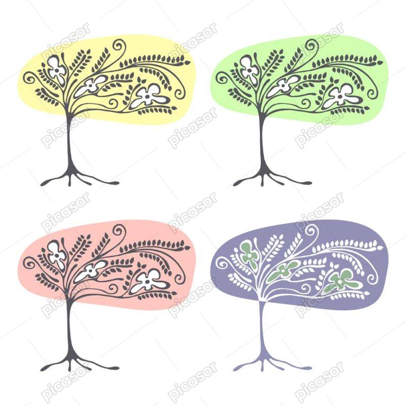 وکتور نقاشی درخت با گل و برگ در 4 ترکیب رنگی