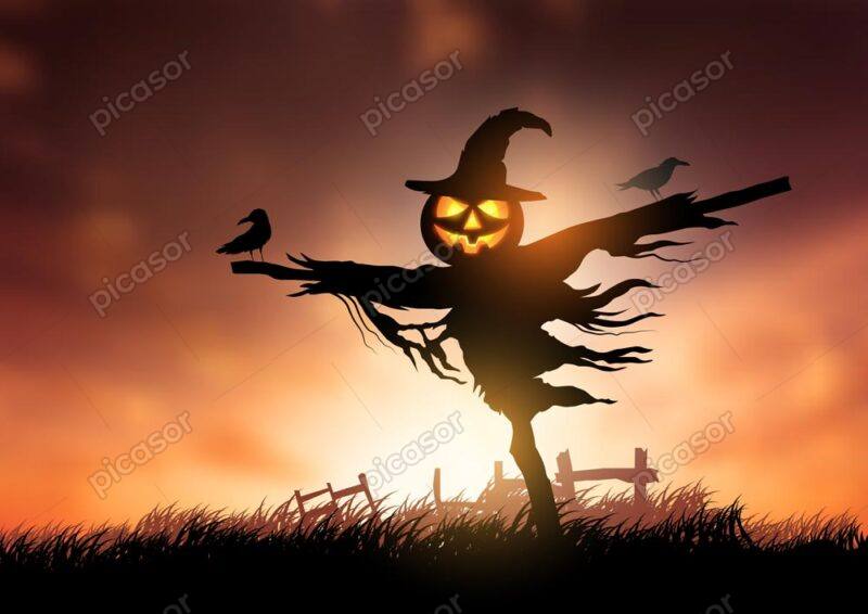 وکتور مترسک ترسناک هالووین با کدو تنبل - وکتور پس زمینه ترسناک از مترسک در مزرعه