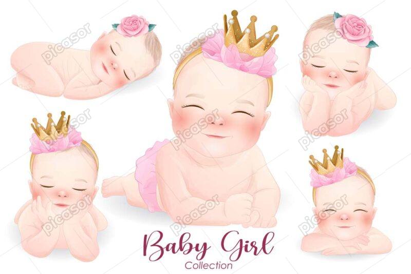 5 وکتور نوزاد دختر با تاج و گل سر - وکتور تصویرسازی کودکانه از نقاشی نوزاد دختر در حالتهای مختلف با چشمهای بسته