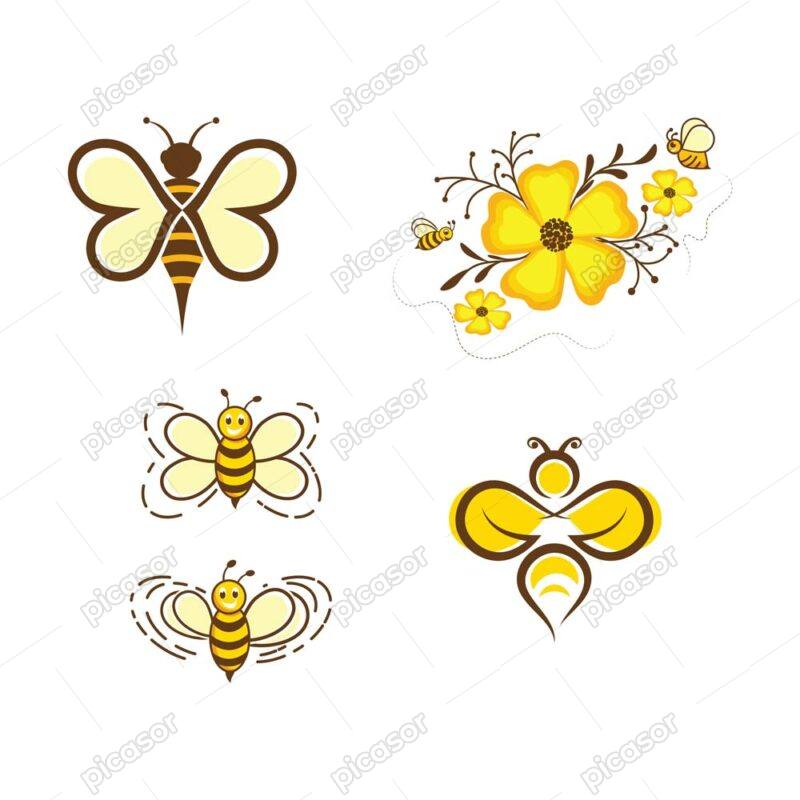 5 وکتور زنبور عسل و گل لوگو زنبور عسل کارتونی