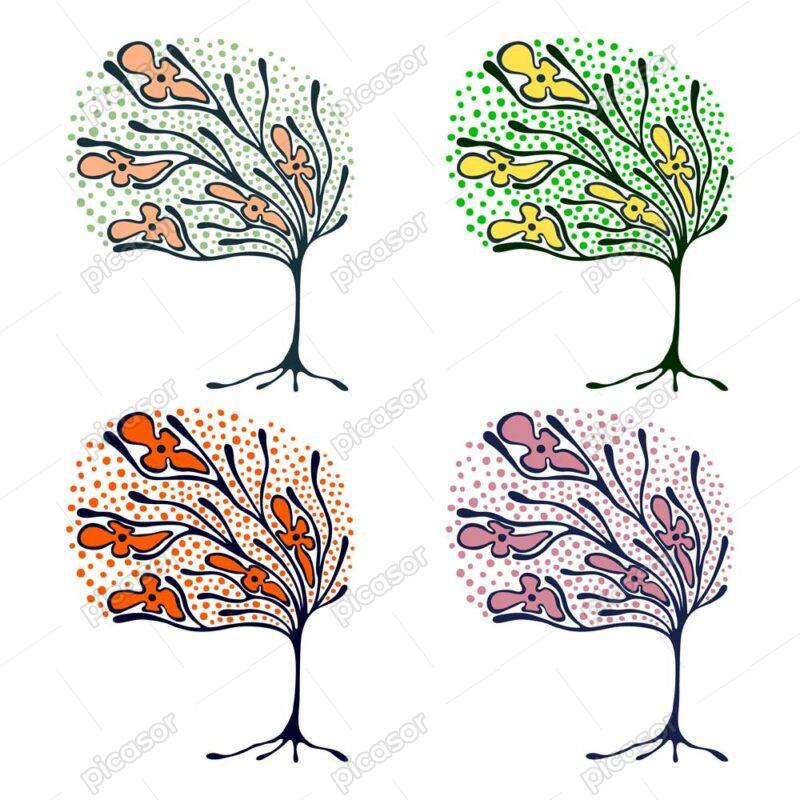 وکتور درخت با گل و نقطه نقاشی شده در 4 ترکیب رنگی