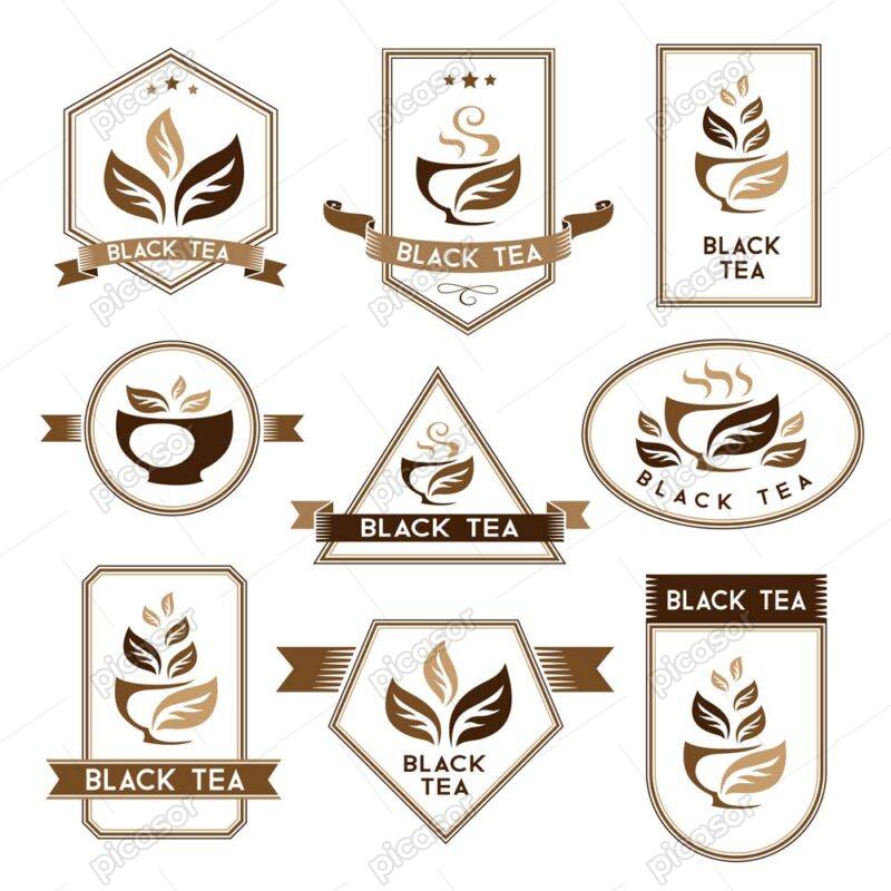 9 وکتور لوگو چای لیبل برگ چای سیاه - وکتور لوگو لیوان چای و برگ چای