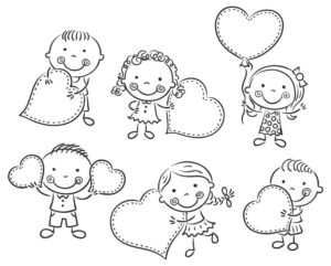 6 وکتور نقاشی خطی از کودکان با بنر قلبی - وکتور نقاشی پسر بچه و دختر بچه کنار هم