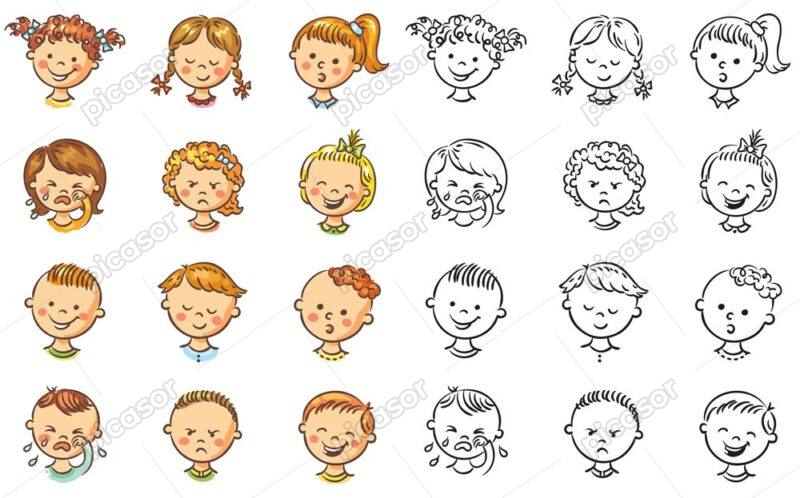 26 وکتور آواتار کودک در حالتهای مختلف - وکتور پسر بچه و دختر بچه با احساسات مختلف