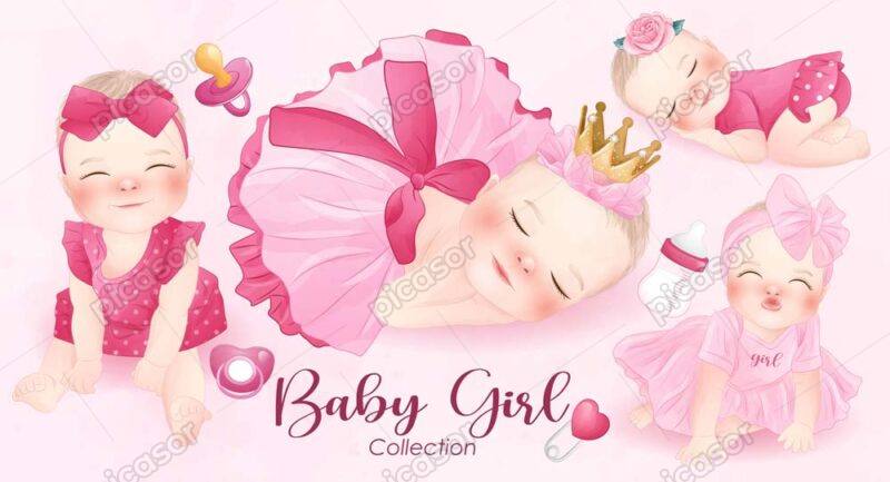 4 وکتور نوزاد دختر و شیشه شیر و پستانک - وکتور تصویرسازی کودکانه از نوزاد دختر با شیشه شیر و پستانک