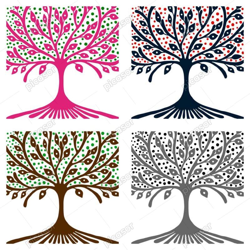 وکتور درخت در قاب مربعی نقاشی شده با برگ و نقطه در 4 ترکیب رنگی