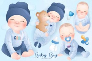 4 وکتور نوزاد پسر قنداقی با کلاه و عروسک - وکتور تصویرسازی کودکانه از نوزاد قنداقی, نوزاد پسر با شیشه شیر و پستانک