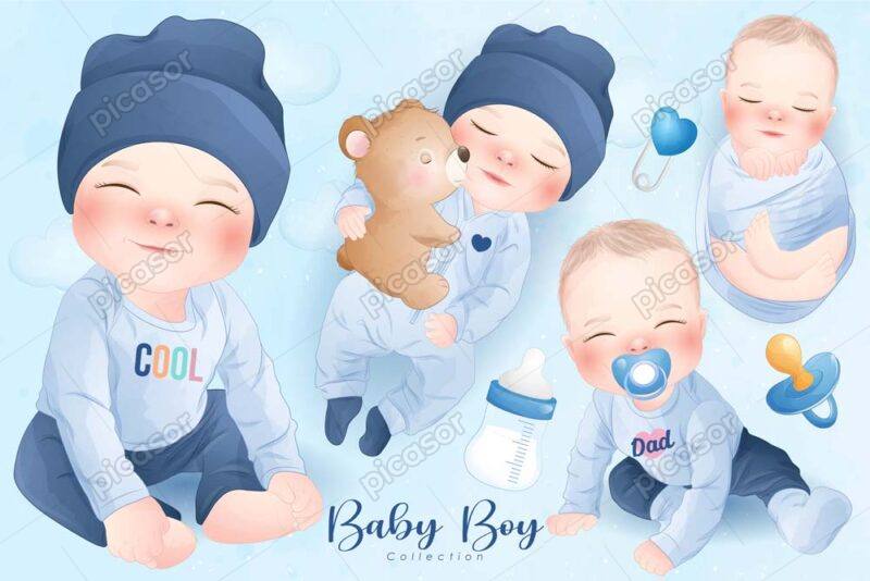 4 وکتور نوزاد پسر قنداقی با کلاه و عروسک - وکتور تصویرسازی کودکانه از نوزاد قنداقی, نوزاد پسر با شیشه شیر و پستانک