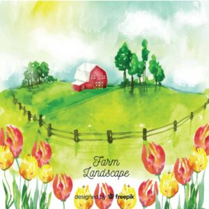 وکتور نقاشی مزرعه با آبرنگ - وکتور پس زمینه روستا و مزرعه آبرنگی در بهار