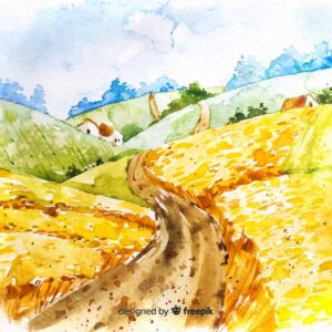 وکتور نقاشی چشم انداز مزرعه با آبرنگ - وکتور پس زمینه مزرعه و روستا آبرنگی در پاییز