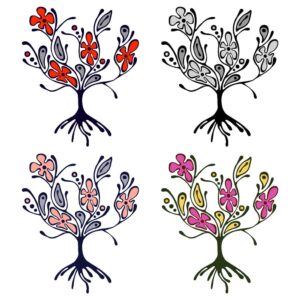 وکتور نقاشی درخت با گل و برگ نقاشی شده در 4 ترکیب رنگی