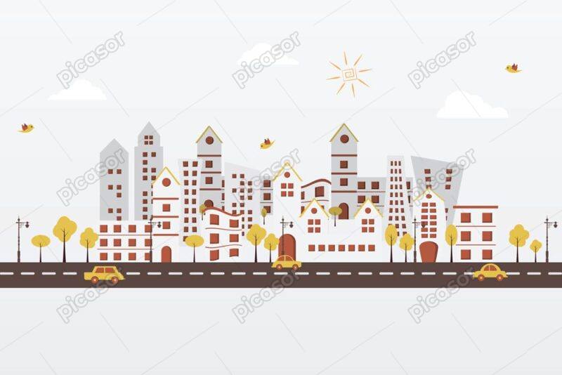 وکتور شهر کاغذی با خیابان ماشین و ساختمان - وکتور نمای شهری