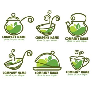 6 وکتور لوگو دمنوش قوری چای فنجان و غذاهای گیاهی