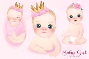 3 وکتور نوزاد دختر قنداقی با تاج و گل - وکتور تصویرسازی کودکانه از نوزاد قنداقی, نوزاد دختر