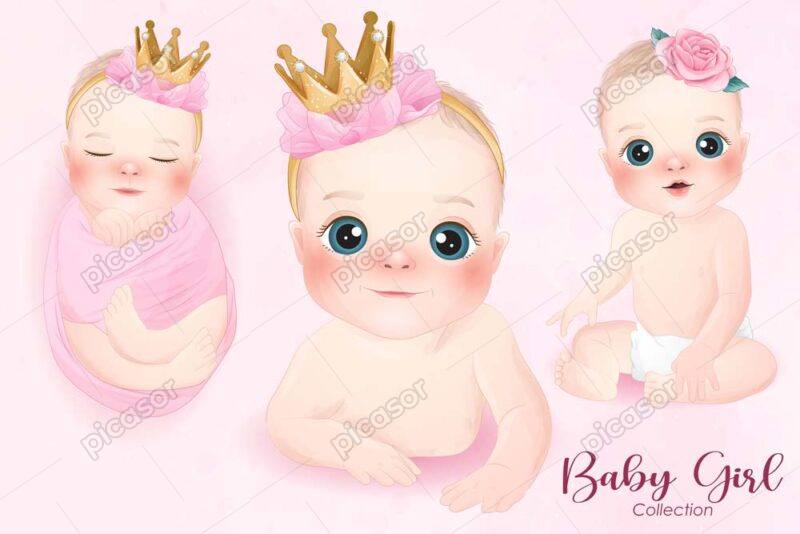 3 وکتور نوزاد دختر قنداقی با تاج و گل - وکتور تصویرسازی کودکانه از نوزاد قنداقی, نوزاد دختر