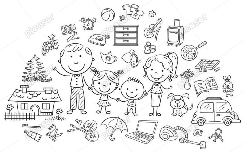 وکتور کودکانه از خانواده پدر مادر و بچه و اسباب بازی - وکتور نقاشی خطی از خانواده