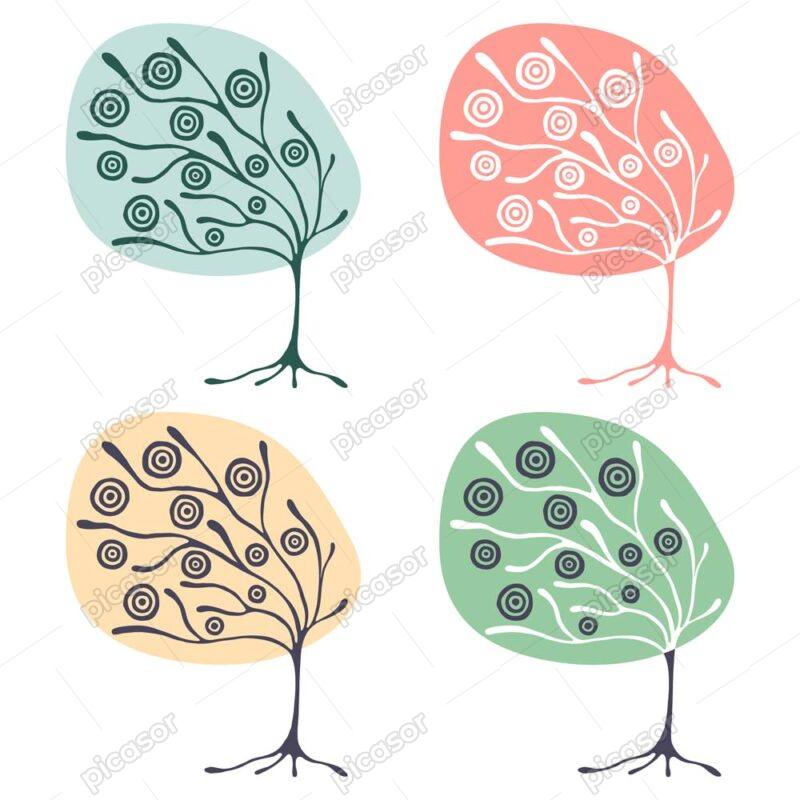 وکتور نقاشی درخت با گل مدور در 4 ترکیب رنگی
