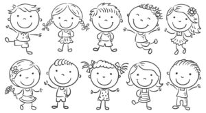 10 وکتور نقاشی کودکان شاد پسر بچه و دختر بچه کنار هم طرح خطی