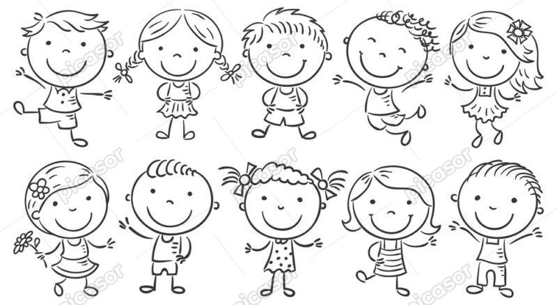 10 وکتور نقاشی کودکان شاد پسر بچه و دختر بچه کنار هم طرح خطی