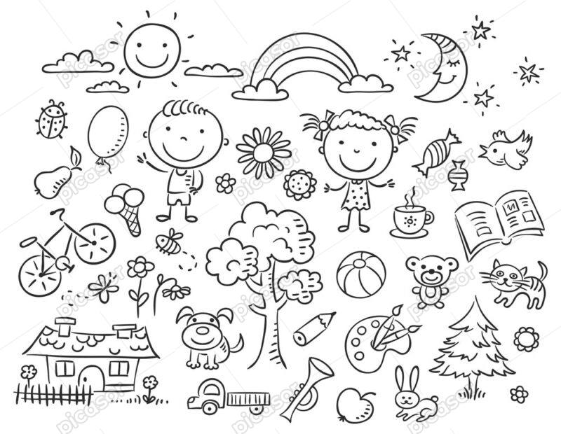 مجموعه وکتور نقاشی خطی کودکانه - وکتور نقاشی اسباب بازی و المانهای کودکانه