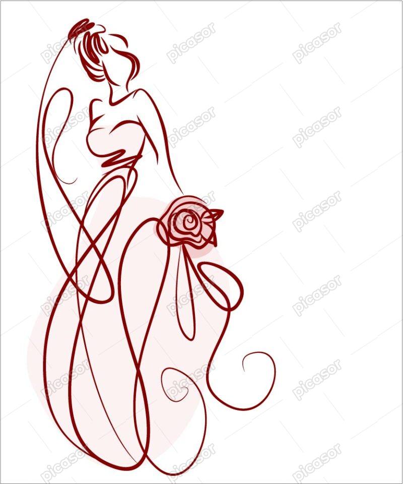 وکتور خطی عروس با دسته گل - وکتور زن جوان خطی