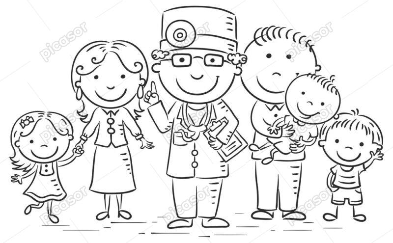 وکتور پزشک و خانواده نقاشی کودکانه - وکتور خطی از خانواده کنار پزشک