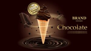 وکتور بستنی شکلاتی قیفی طرح لاکچری - وکتور پس زمینه شکلات مایع و تبلیغات بستنی قیفی شکلاتی