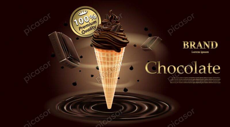 وکتور بستنی شکلاتی قیفی طرح لاکچری - وکتور پس زمینه شکلات مایع و تبلیغات بستنی قیفی شکلاتی