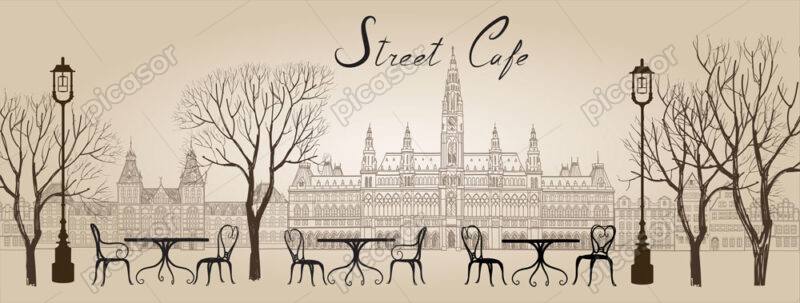 وکتور پانوراما از کافه در خیابان - وکتور نقاشی میز و صندلی در خیابان کافه در شهر