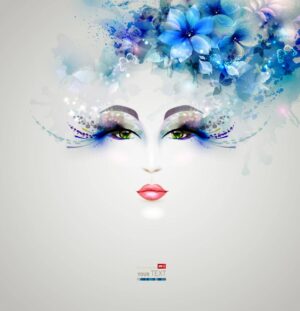 وکتور صورت زن جوان با گلهای آبی - وکتور زن زیبا میان گل