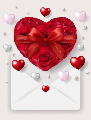 وکتور پاکت نامه و قلب با گلهای رز و پاپیون ربان قرمز و قلبهای کوچک