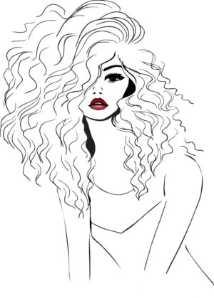 وکتور نقاشی دختر با موهای بلند و رژ قرمز - وکتور نقاشی خطی از دختر جوان فشن