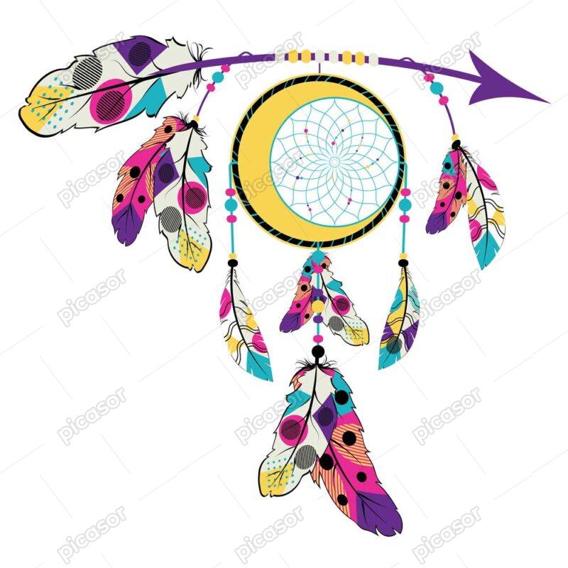 وکتور کابوس‌گیر سرخپوستی با پرهای رنگی و تیر کمان زینتی - وکتور نمادهای سرخپوستان