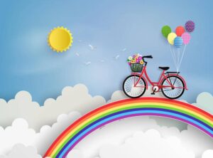 وکتور دوچرخه روی رنگین کمان با بادکنک در آسمان آبی طرح کارتونی