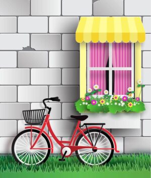 وکتور دوچرخه در حیاط کنار پنجره و دیوار خانه طرح کارتونی