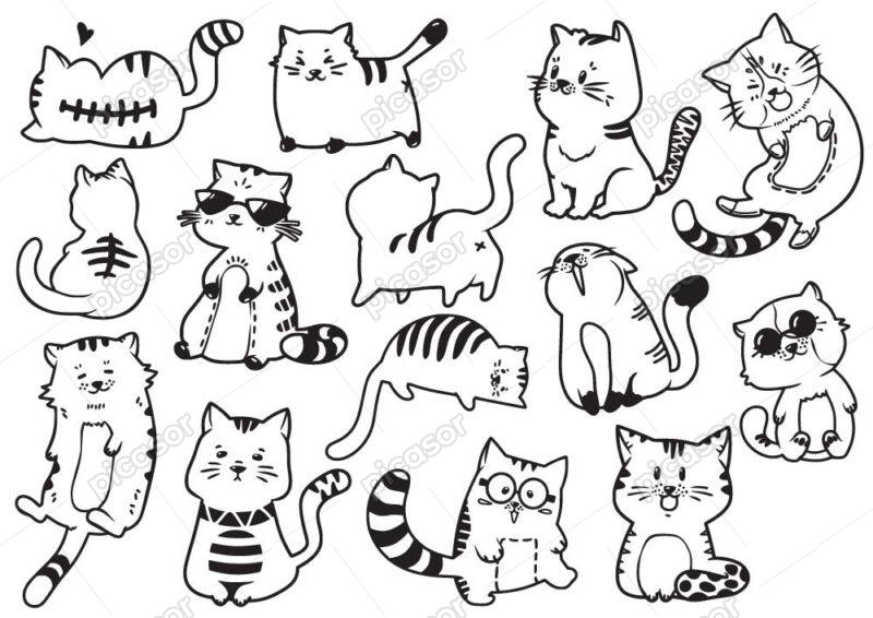 14 وکتور نقاشی گربه بامزه کارتونی خطی