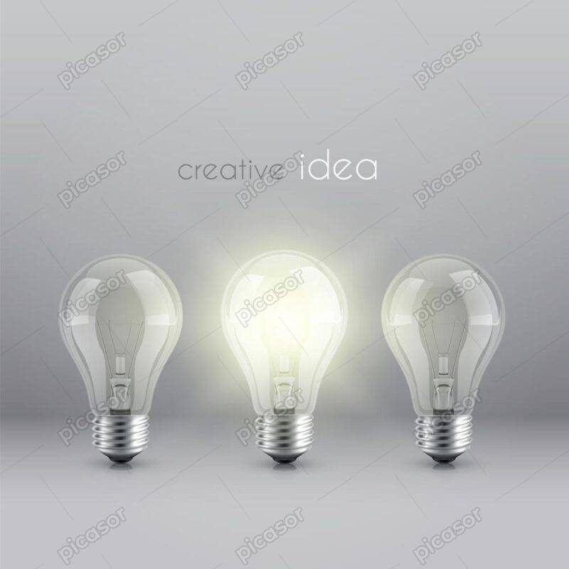 3 وکتور لامپ رشته ای روشن و خاموش با مفهوم خلاقیت و ایده و نوآوری