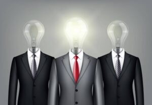 3 وکتور مرد با لامپ روشن و خاموش در سر - وکتور مفهوم رهبری و مدیریت خلاقانه و ایده و نوآوری