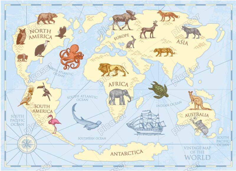 وکتور نقشه جهان با حیوانات معروف هر قاره - نقشه جغرافیایی اطلس جهان