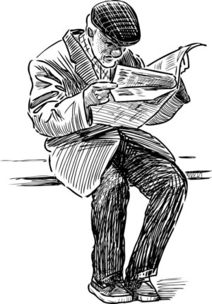 وکتور نقاشی پیرمرد در حال روزنامه خواندن روی نیمکت پارک طرح اسکچ