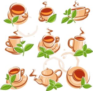 9 وکتور فنجان چای با برگ سبز چای